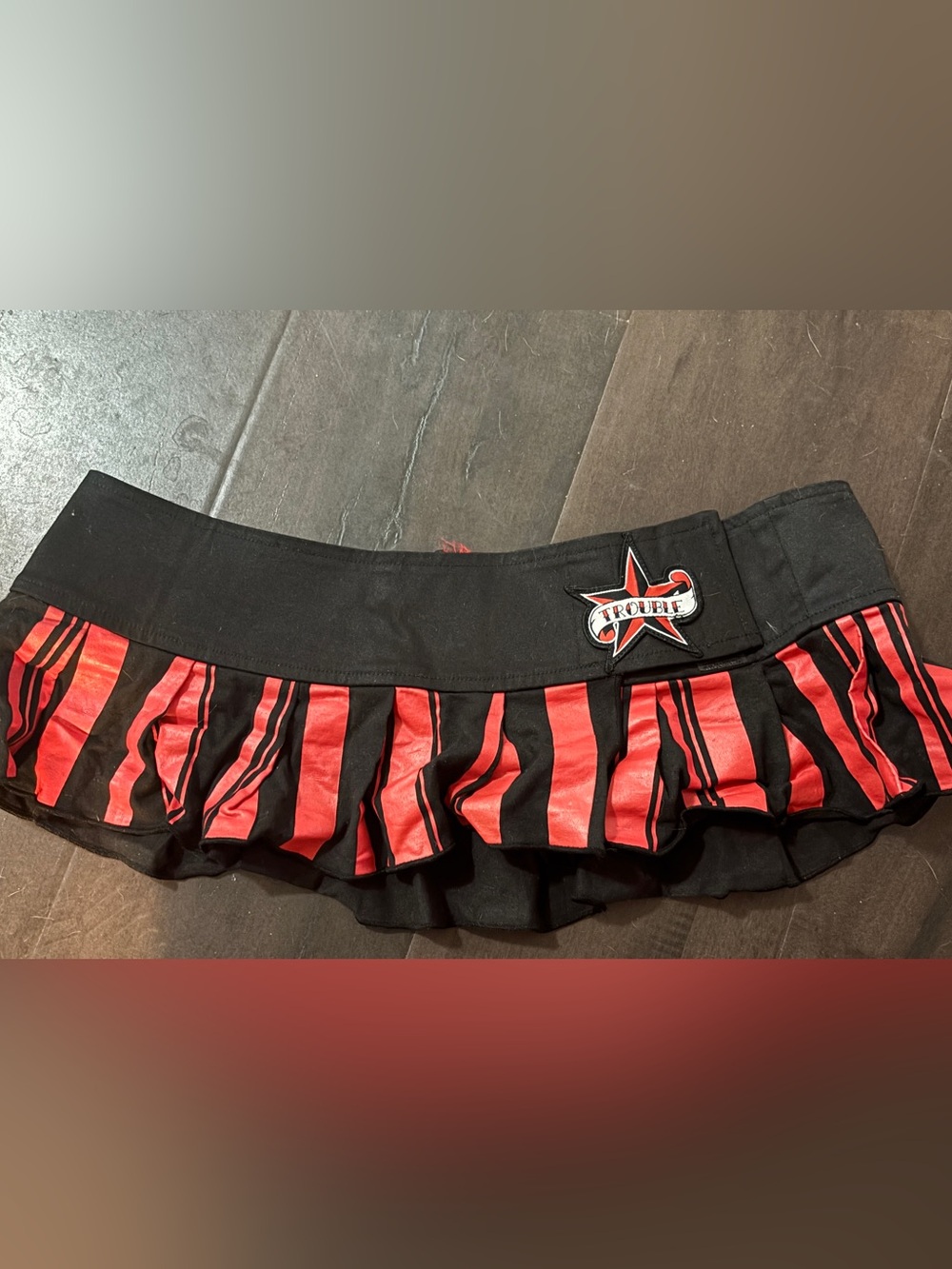 Y2K vintage Trouble Star Black and Red striped Ruffle micro Mini Skirt one size